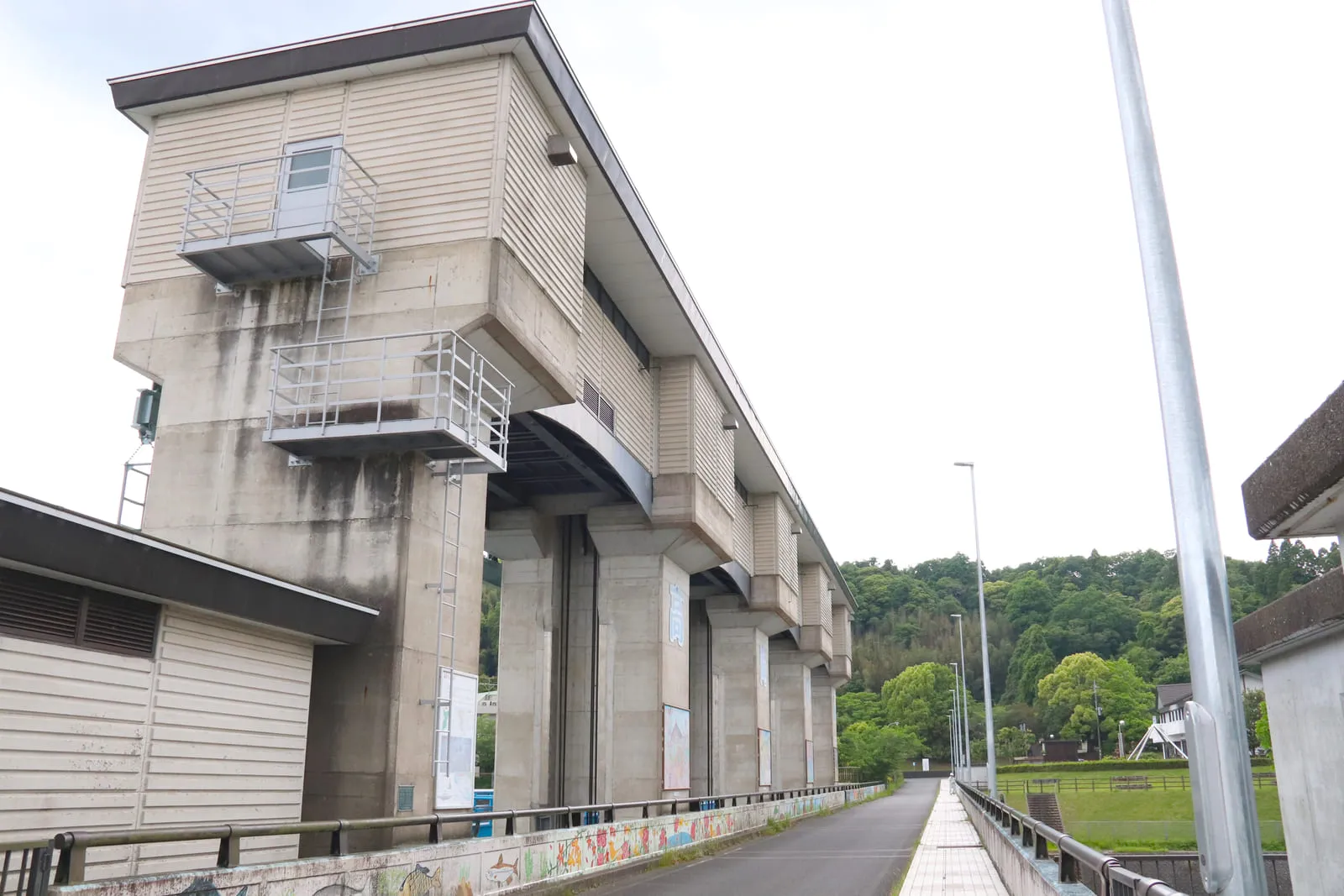 かもめ団地の堤防沿いに走る、ゆるかな曲線を描く道